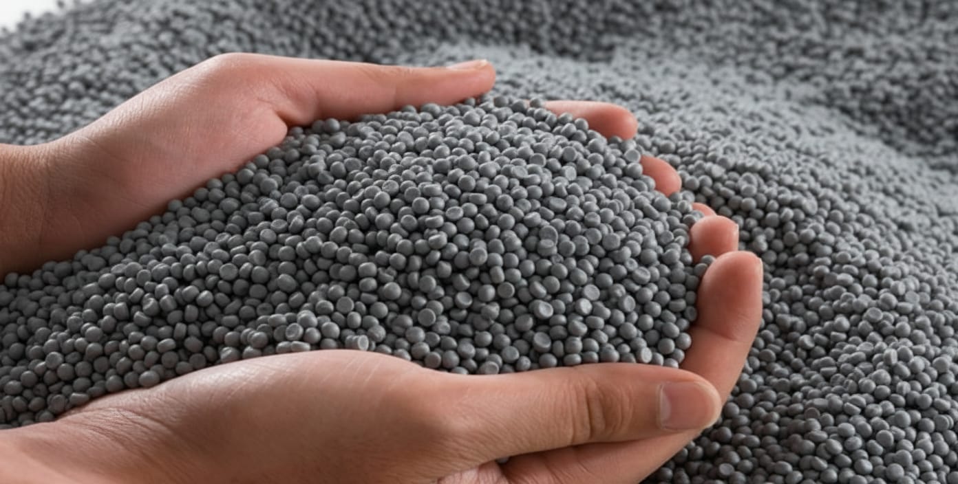 Granulado plástico reciclado em mãos